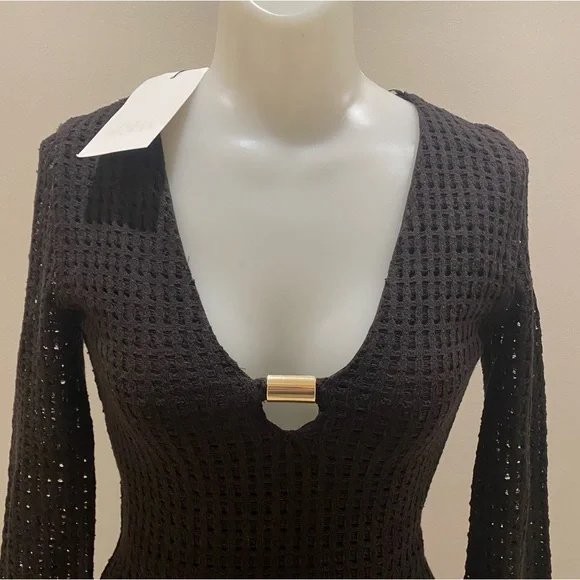 Zara NWT black open weave V-neck midi dress long sleeve gold accents size XS - Picture 3 of 15